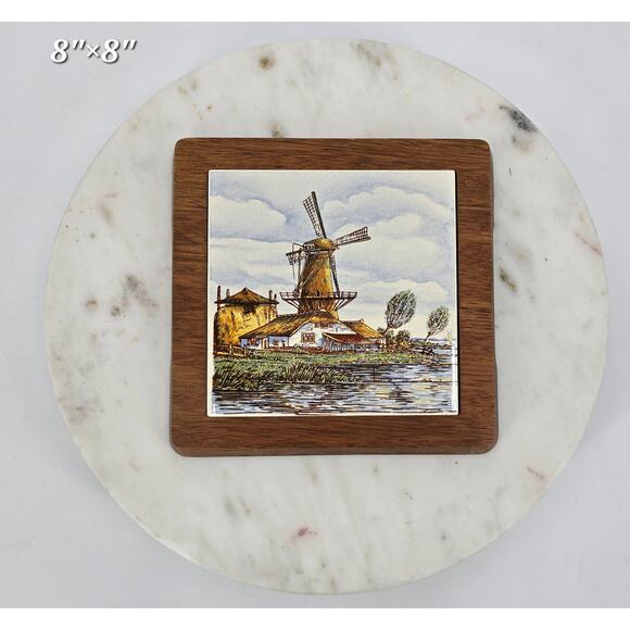Vintage Ceramic Tile Trivet | Windmill Scene | Wood Frame | 8"x8" - Picture 1 of 2